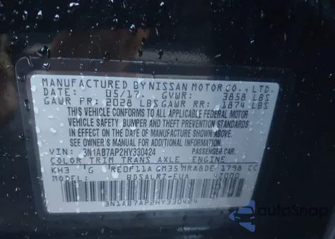 2017 Nissan Sentra Sr from USA, damaged, VIN 3N1AB7AP2HY330424